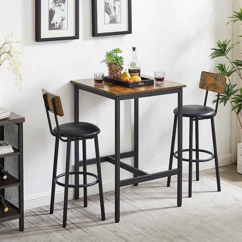 Grondin Industrial Style 3-Piece Bar Table Set with 2 PU Soft Seat Bar Stools and Backrest, Counter Height Dining Set for 2 - Rustic Brown