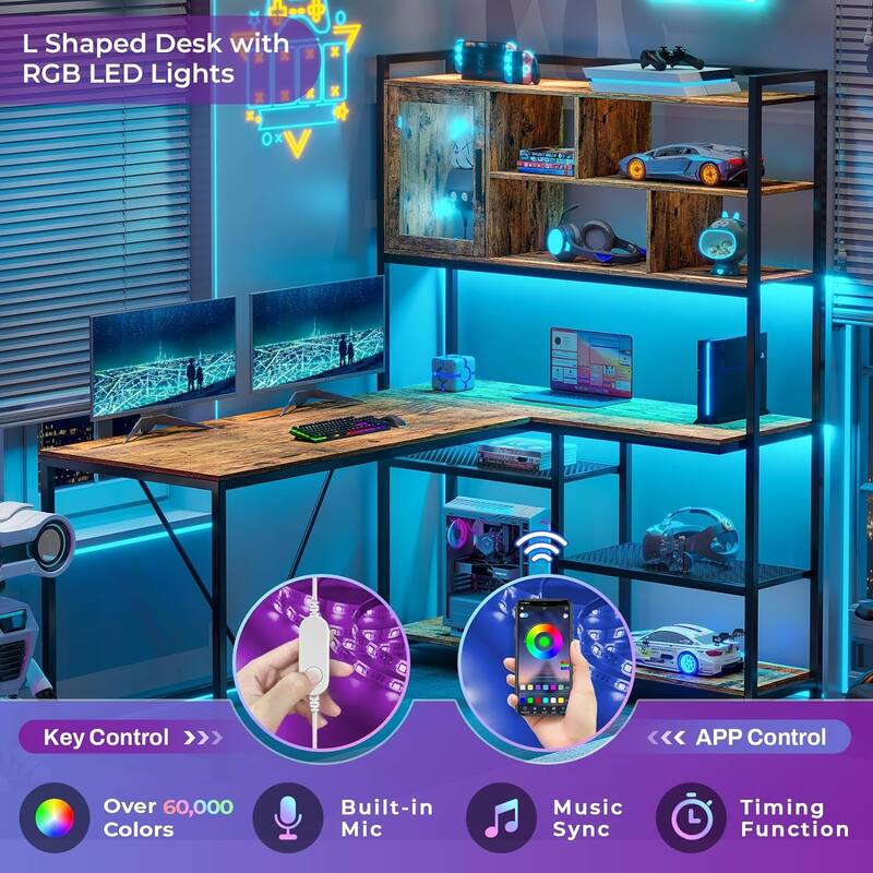 L Shaped Computer Gaming Corner Desk LED Light Storage Bookshelf