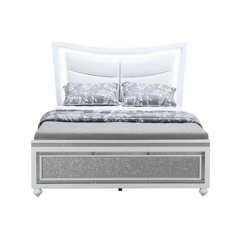HomeRoots Silver And White Faux Crystal Bling Wood And Upholstery Lighted Full Bed Frame