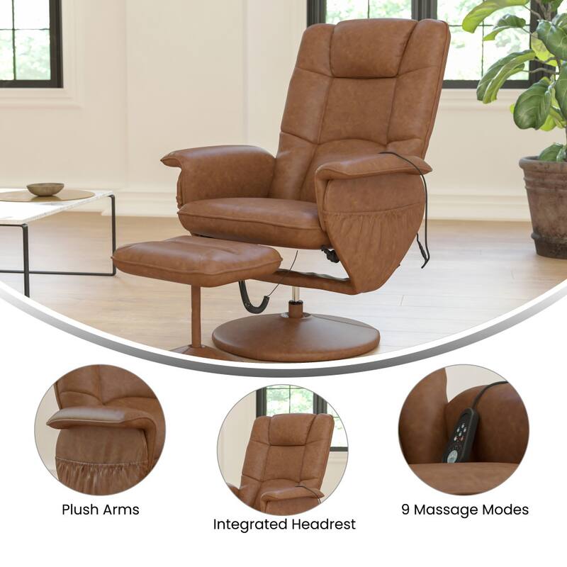 LeatherSoft Massaging Multi-Position Recliner w/Ottoman w/Side Pocket