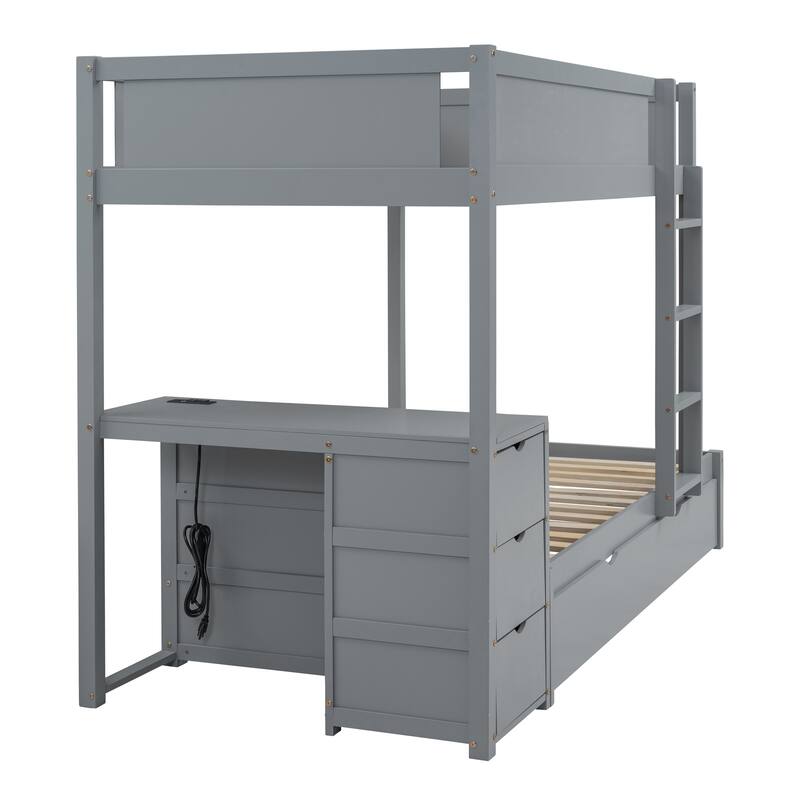 Twin-Over-Twin Bunk Bed with Trundle, Storage, and Desk in Gray