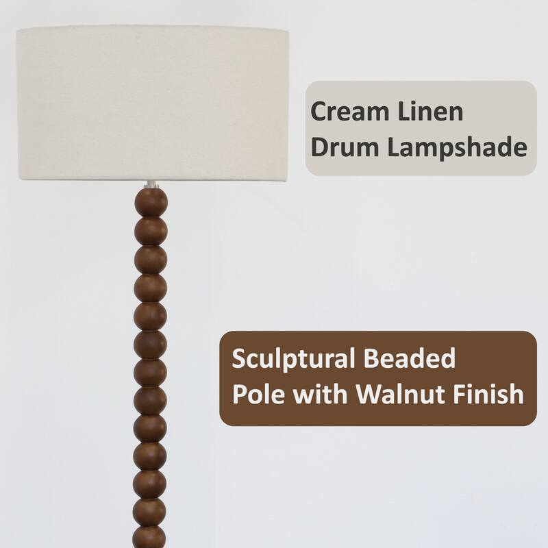 61" Wooden Beaded Floor Lamp, Retro Walnut Finish Standing Lamp with Linen Shade, Rubberwood Base for Living Room, Bedroom