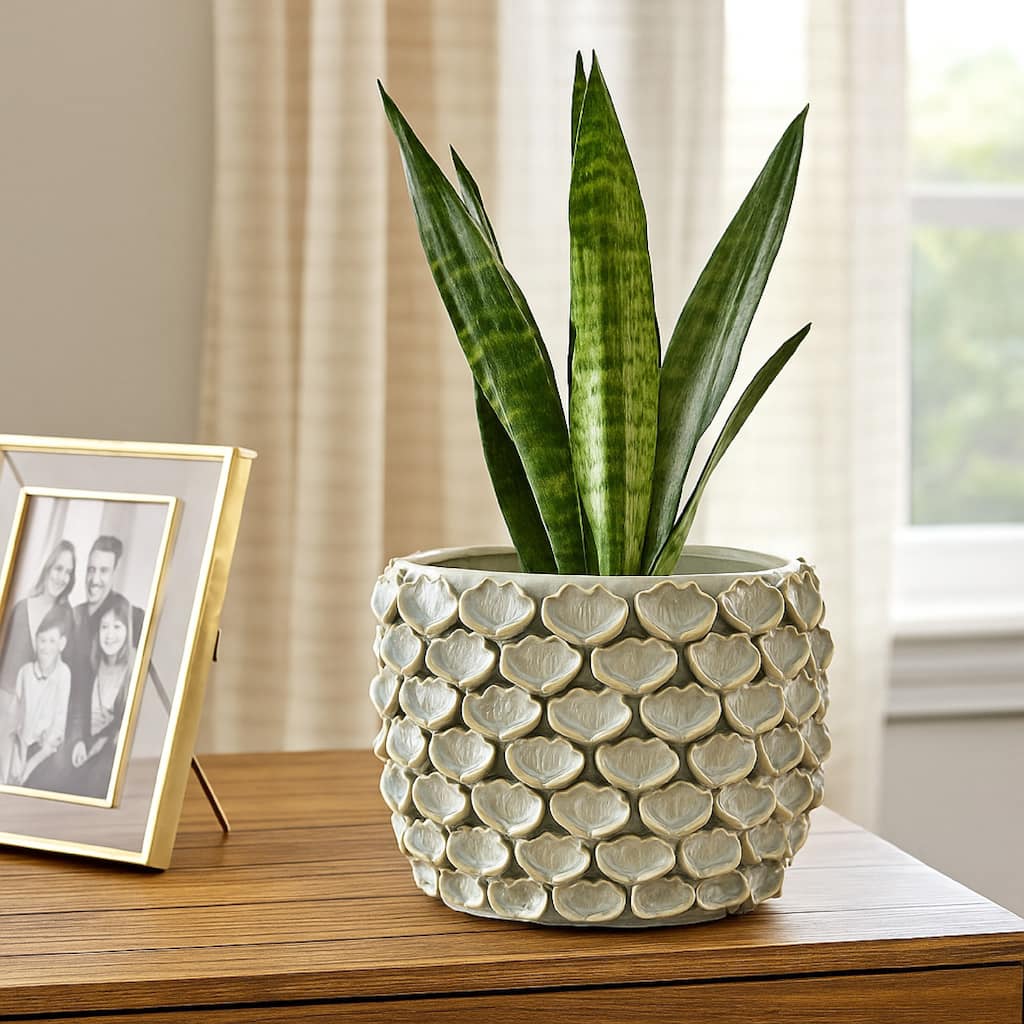Aster Accent Planter w Raised Petal Pattern Blue Green Ceramic 10 Inch