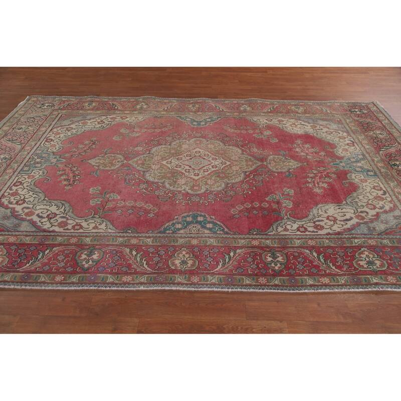 Hand Knotted Oriental 100% Wool Carpet Traditional Medallion Pink Tabriz Area Rug - 9' 6'' X 6' 3''
