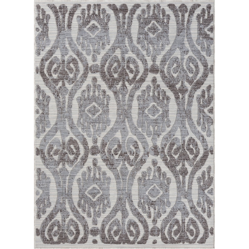 Sevita Blue/Gray Damask PET Yarn Indoor/Outdoor Area Rug - 7'10"x 8'10"