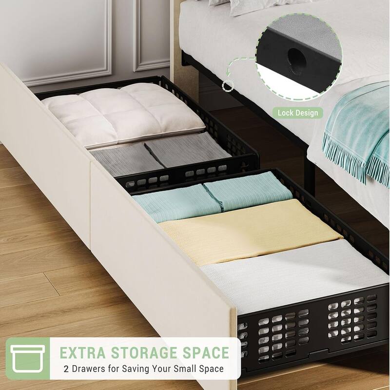 Twin Bed Frame with Headboard Adjustable and 2 Storage Drawers, No Box Spring Needed