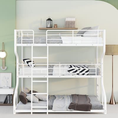 Full XL/Twin XL/Queen Triple Bunk Bed with Long and Short Ladder, Curved Metal Triple Bunk Bed Frame with Safety Guardrail