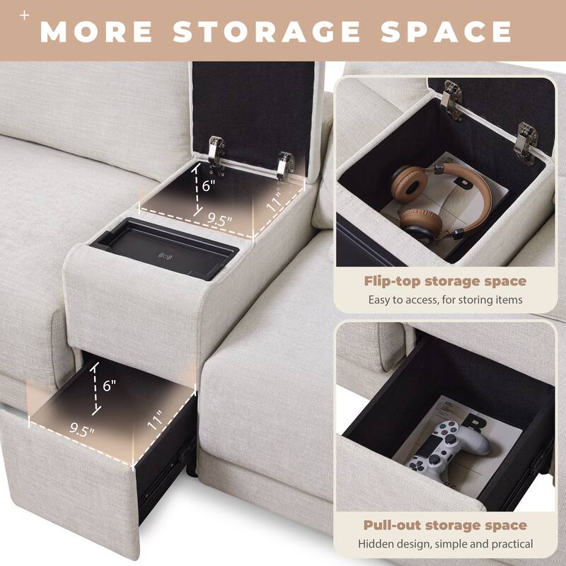 L Shaped Modular Sectional Sofa with Storage Console, Ottoman, USB