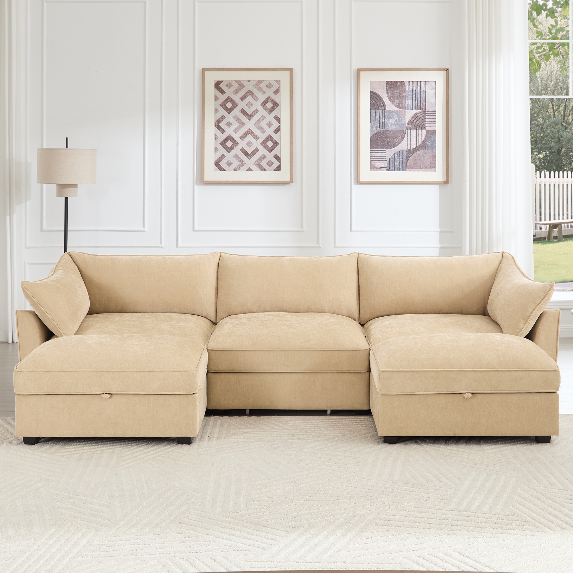 Modular U Shaped 3 Seater Sectional Sofa with 2 Storage Ottomans, 112.6" Chenille Upholstered Deep Seat Sofa with 3 Drawers