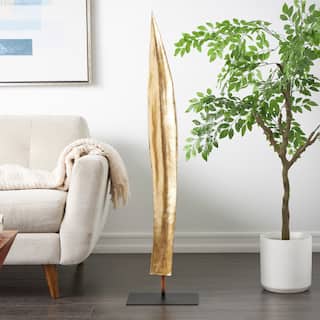 Gold Polystone Slim Abstract Leaf Sculpture with Black Metal Stand