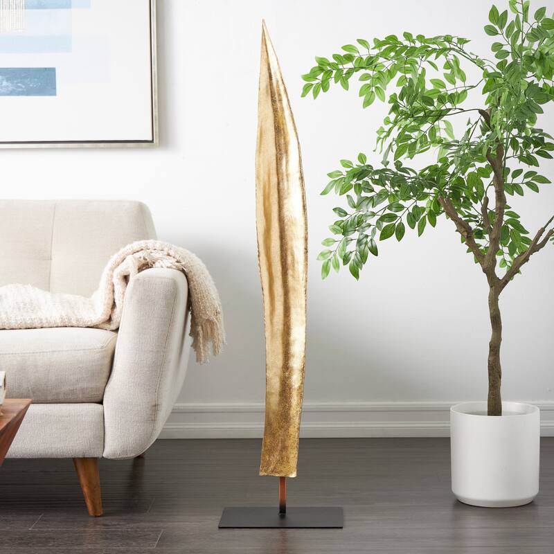 Gold Polystone Slim Abstract Leaf Sculpture with Black Metal Stand