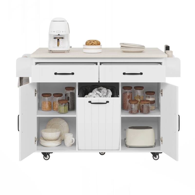 Kitchen Island with Trash Can Storage Cabinet, Kitchen Cart with Drop Leaf, Spice Rack