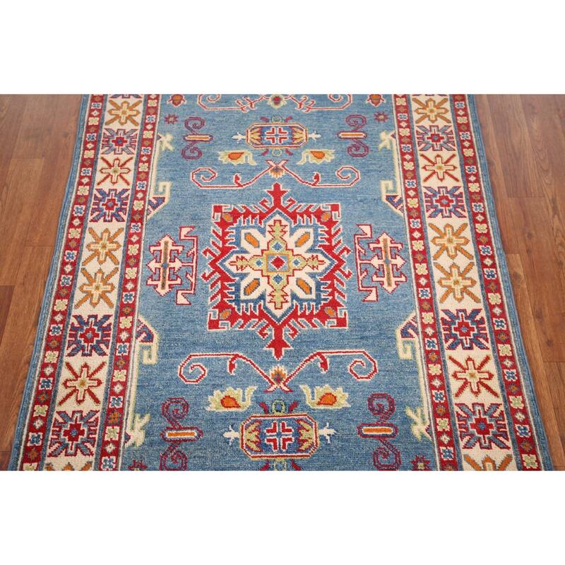 Light Blue Geometric Kazak Accent Rug Hand-Knotted Foyer Wool Carpet - 3'4" x 4'11"