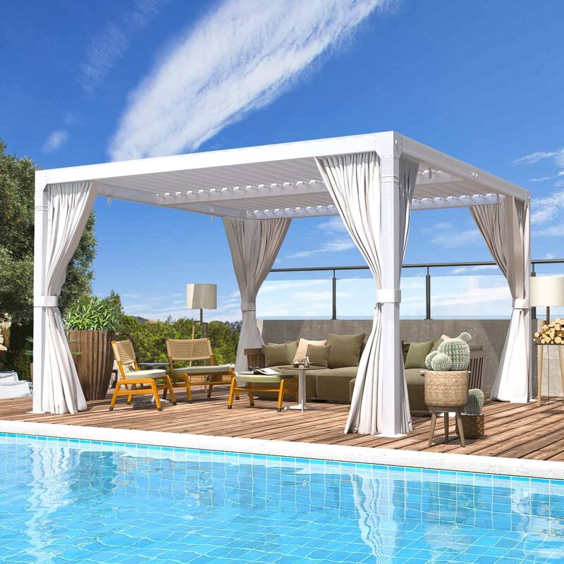 Outdoor Louvered Pergola, Outdoor Patio Hardtop Gazebo, Adjustable Metal Roof Curtains and Netting Included - 10' * 10' - White