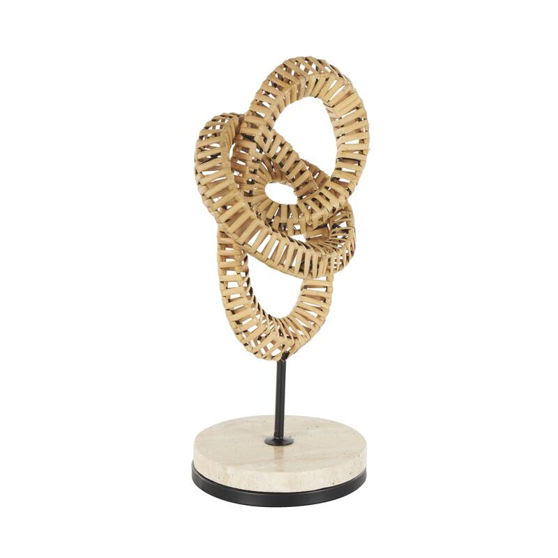 Brown Rattan Handmade Infinity Shaped Abstract Decorative Sculpture with White Marble Base