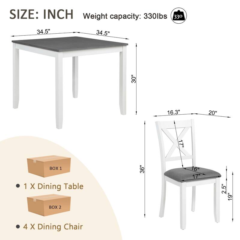 5-Piece, Modern Dining Table Set Wooden Dining Table Set with 4 Chairs, for Dining Rooms and Kitchens, Gray and White Color