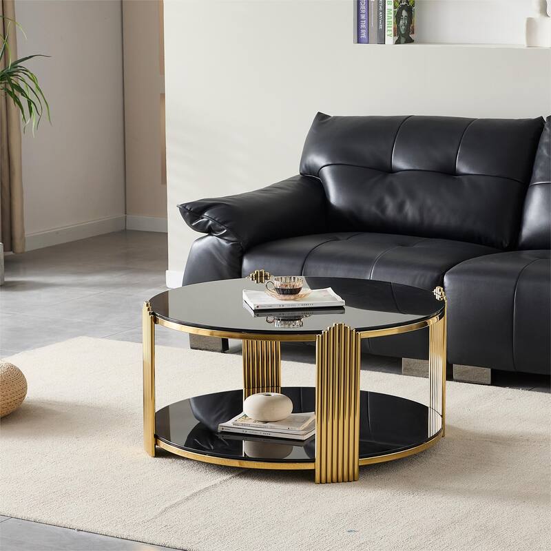 35" Modern Round Coffee Table with Double-Layer Black Glass & Gold Frame, Easy Assembly