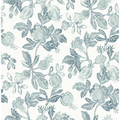 A-Street Prints Beach Rose Teal Floral Fruits Wallpaper