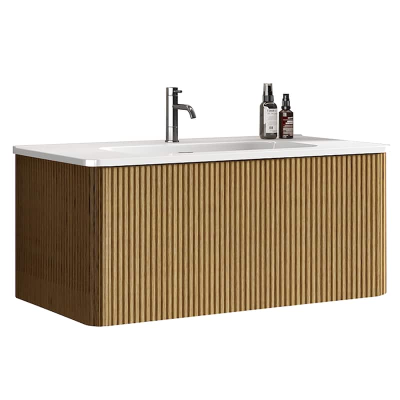 36"Striped Bathroom Vanity with White Ceramic Sink, Wall Mounted Floating Bathroom Vanity, One-Piece White Basin without Drain