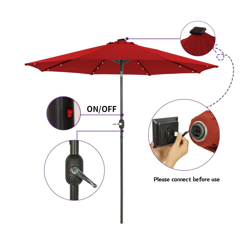 9Ft Patio Market Umbrella with 32 LED Round Solar