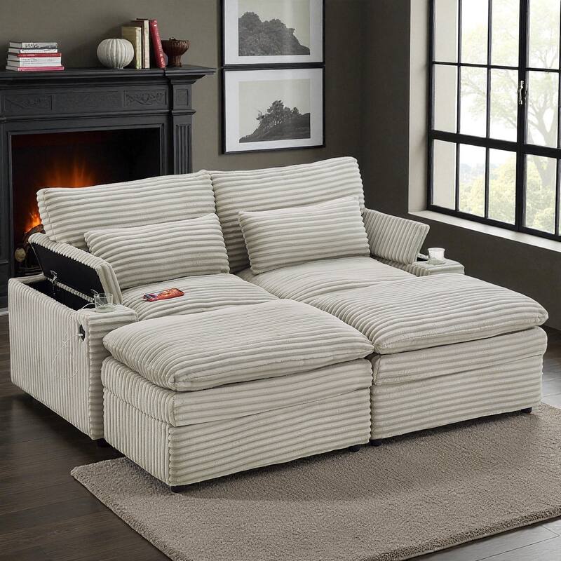 70.9" Convertible Loveseat Sofa Bed with Storage, 2 Ottomans, 4 USB Ports and Cup Holders, Corduroy Sectional for Living Room
