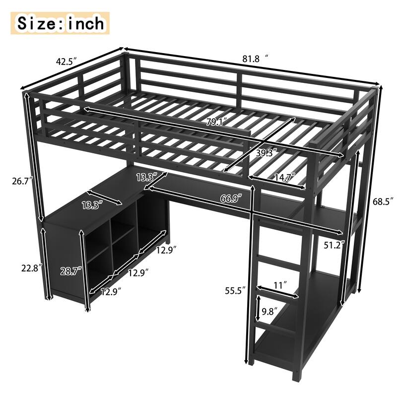 Twin XL Metal Loft Bed with Wardrobe and L-Shaped Desk, Storage Shelves and Cubes, Space-Saving Loft Bed for Kids Teens Adults