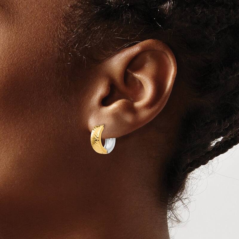 Curata 14k Two Tone Polished Gold Textured 5x14mm Reversible Hinged Huggies Hoop Earrings
