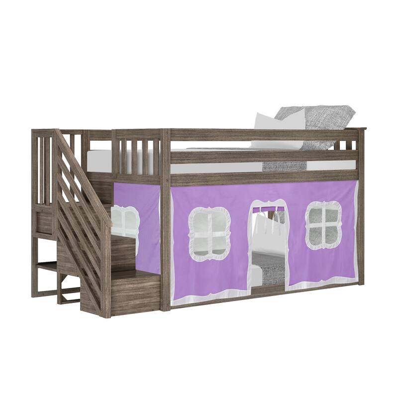 Max and Lily Twin over Twin Low Bunk Bed with Staircase and Curtains