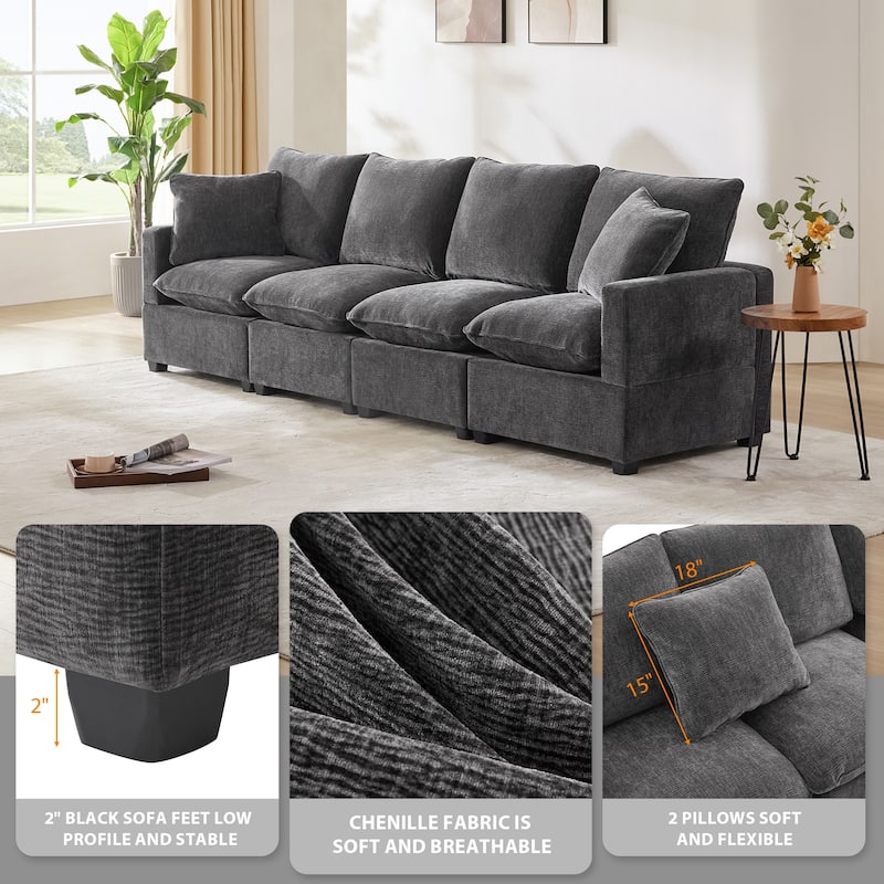 [VIDEO provided] [New] 110*29" Modern Modular Sofa, 4 Seat Chenille Sectional Couch Set with 2 Pillows Included, Freely Combinab