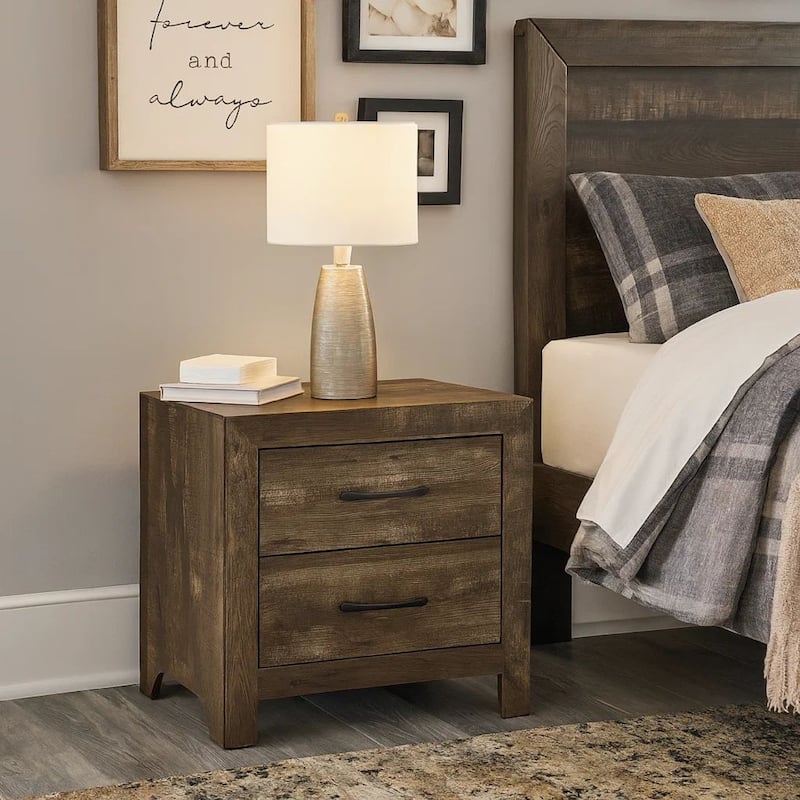 2 Drawer Rustic Wooden Nightstand with Block Legs, Brown