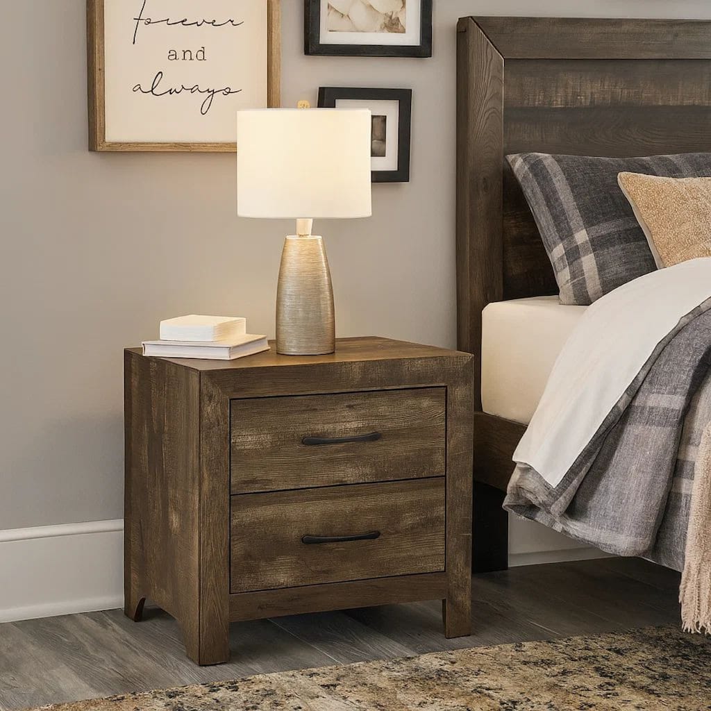 2 Drawer Rustic Wooden Nightstand with Block Legs, Brown