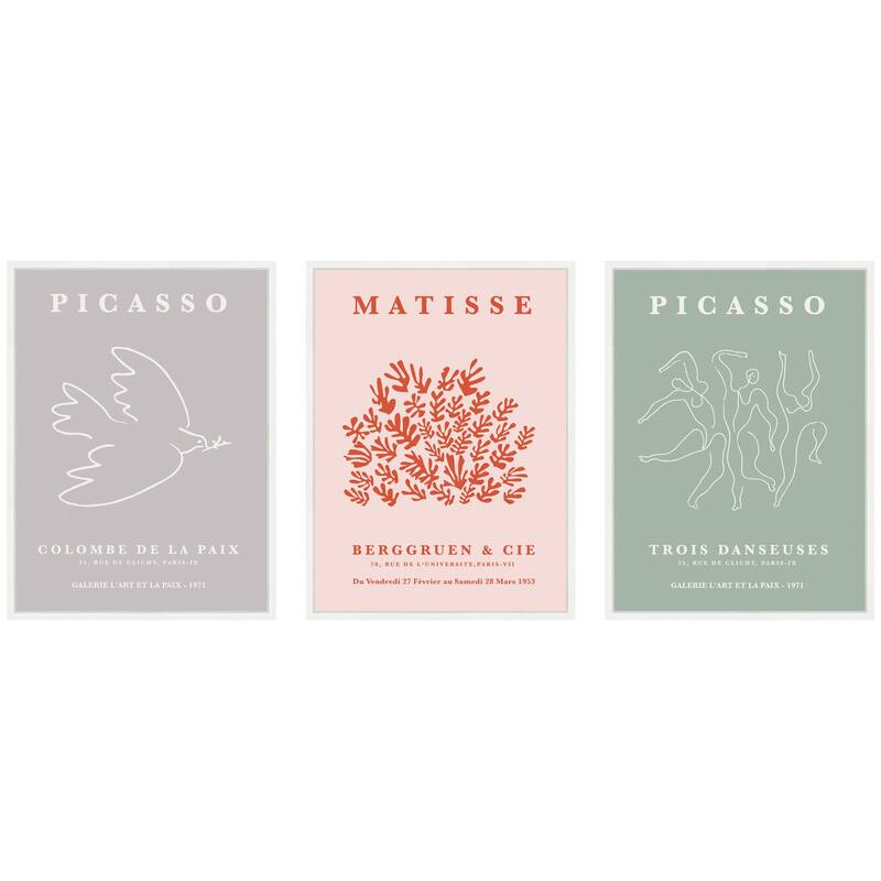 Kate and Laurel Picasso Inspired Bird & Inspired Dance 3 Piece Framed Canvas Wall Art Set by Gabrielly Guedes - 3 Piece Set 18x24 - White