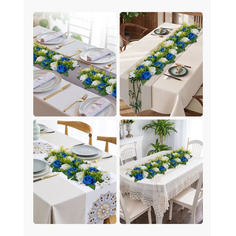 Blue-White Silk Rose Linear Centerpieces Set of 10 with Stable Base - 19.7 x 8.7 x 4.27 inch