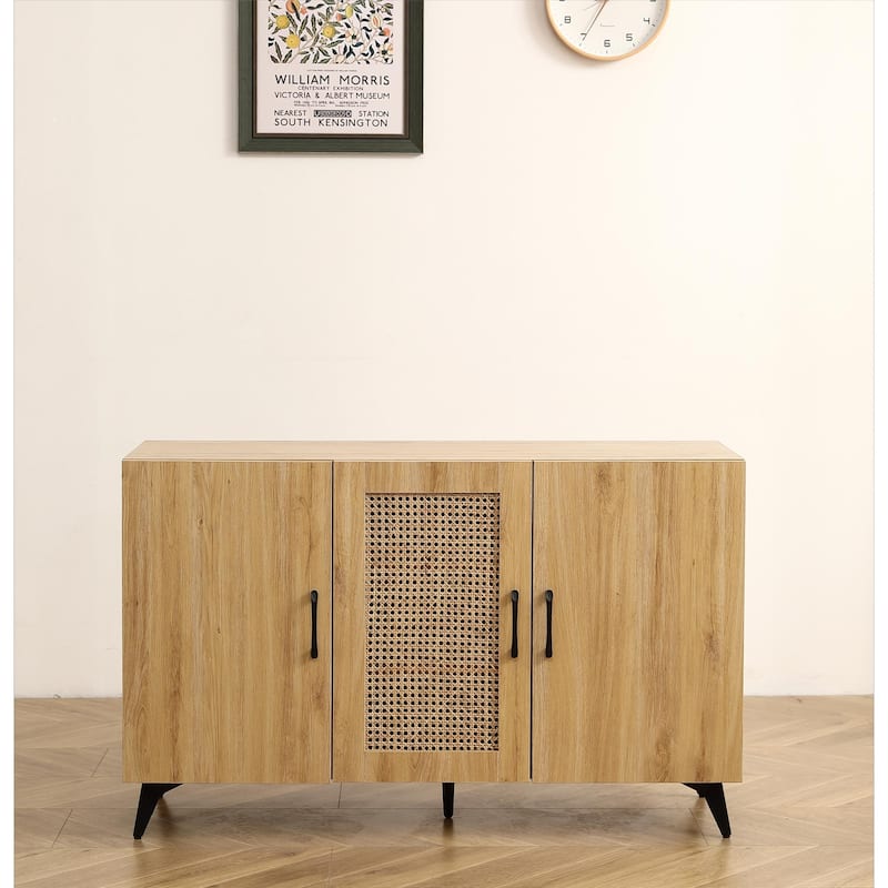 Three-Door Cabinet with Natural Rattan Mesh - Large Storage Space