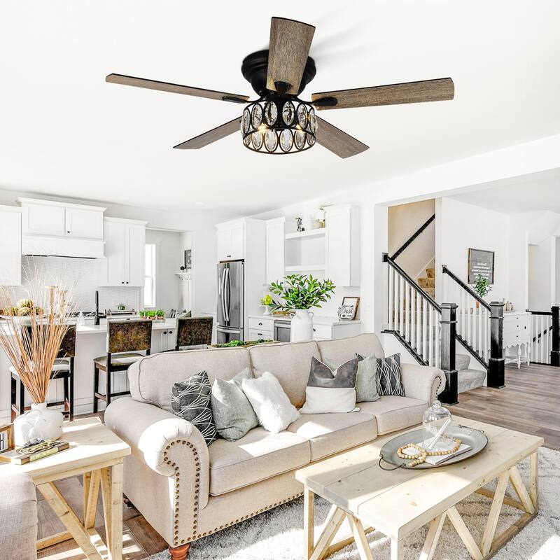 52" Black Industrial 5-Blade Ceiling Fan with Light Kit and Remote