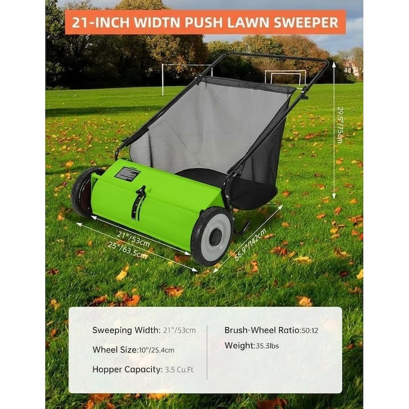 21-Inch Push Lawn Sweeper 35 cu. ft. Capacity Adjustable Height for Grass Leaves and Debris