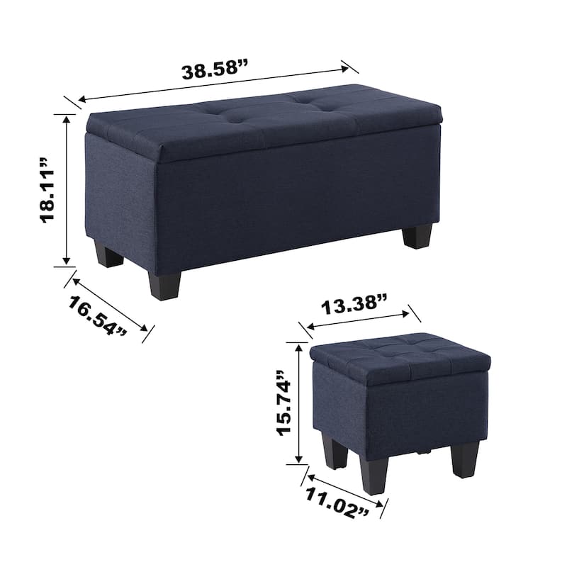 Tufted Fabric Storage Ottoman Bench, Ottoman Linen Bench - Set of 3