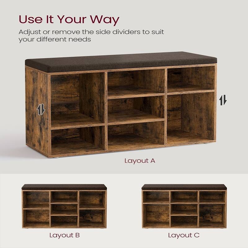 9-Compartment Storage Bench with Comfortable Linen-Look Seat Cushion for Shoes and Accessories - 11.9"D x 30.9"W x 18.9"H