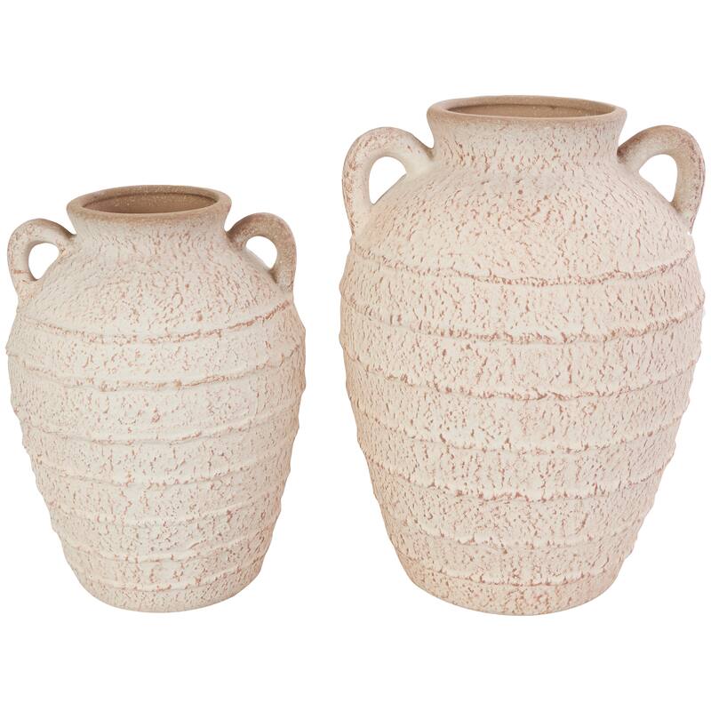 Cream Ceramic Textured Decorative Vase with Handles and Terracotta Accents (Set of 2)