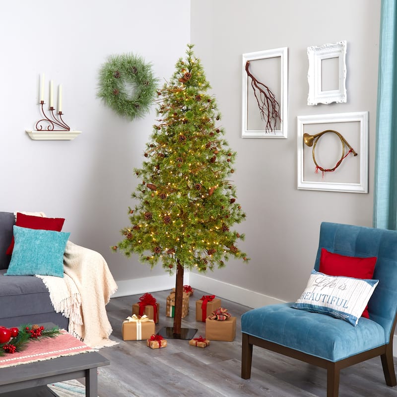 7ft Artificial Christmas Tree with Lights & Pine Cones - Holiday Decor, Slim Profile, Easy Setup - Green - 84