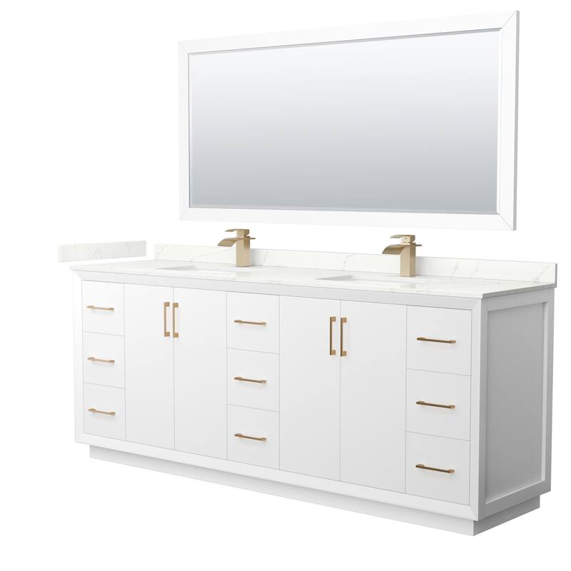 Wyndham Collection WCF414184D-QTZ-UNSM70 Strada 84" Free Standing - White / Giotto Quartz Top / Satin Bronze Hardware