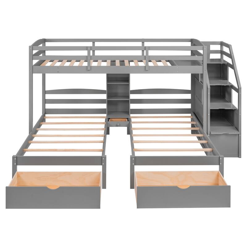 Twin Over Twin & Twin Pine Triple Bunk Bed with Drawers, Staircase, and Shelves