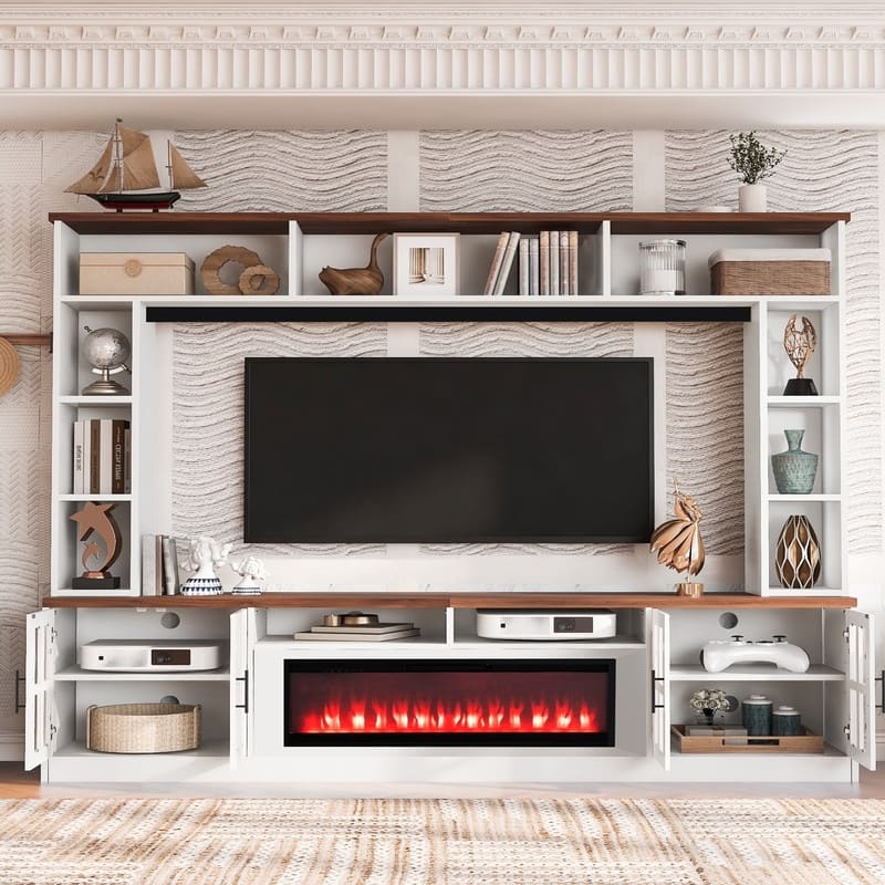 Modern 95.5" Wall Unit Entertainment Center with Bookshelves for TVs up to 80" with Electric Fireplace and Adjustable Shelves - White