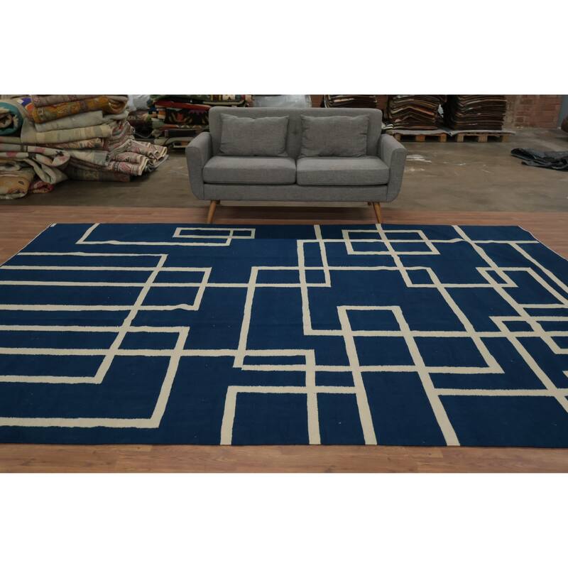 Hand Woven Oriental 100% Wool Carpet Southwestern Modern Navy Blue & Blues Kilim Area Rug - 12' 0'' X 8' 8''