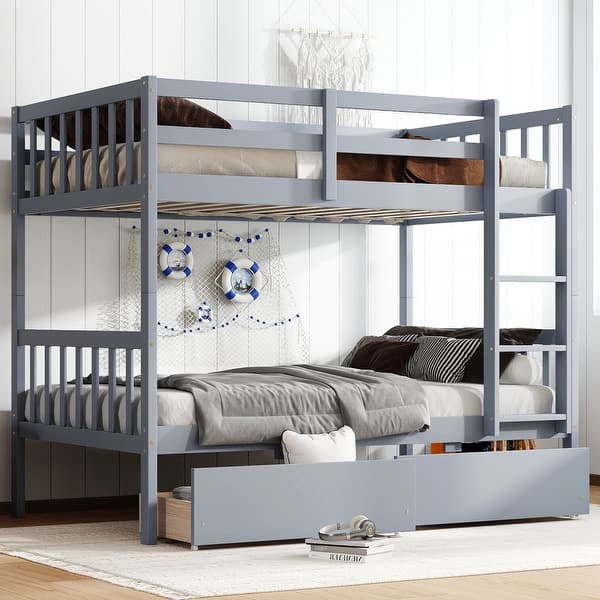 slide 2 of 60, Rubber Wood Bunk Bed Frame with 2 Drawers,Convertible into 2 Beds Grey - Twin