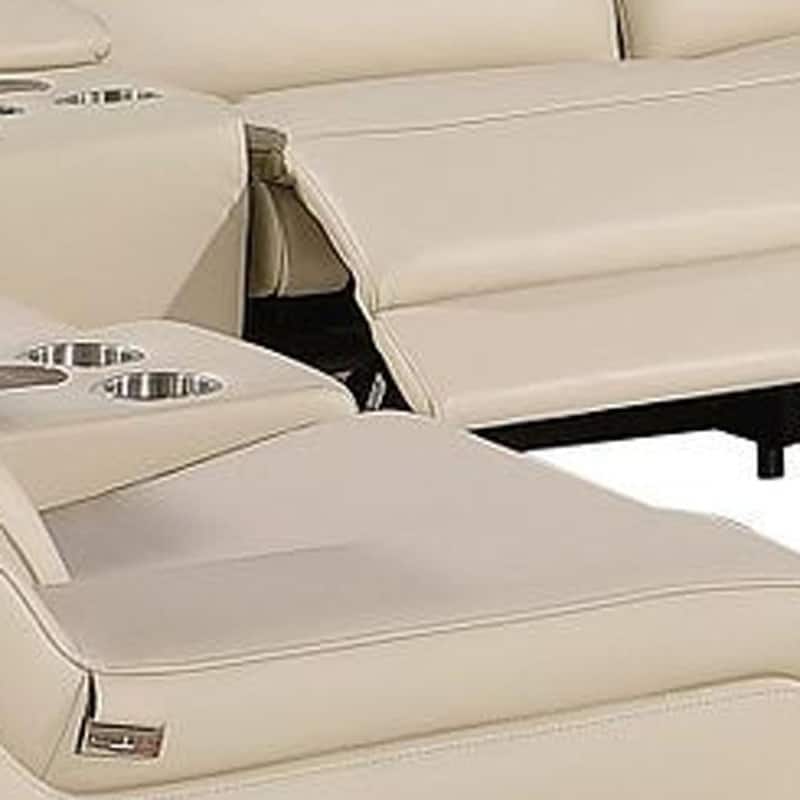 HomeRoots Beige Italian Leather Power Reclining U Shaped Twelve Piece Corner Sectional With Console