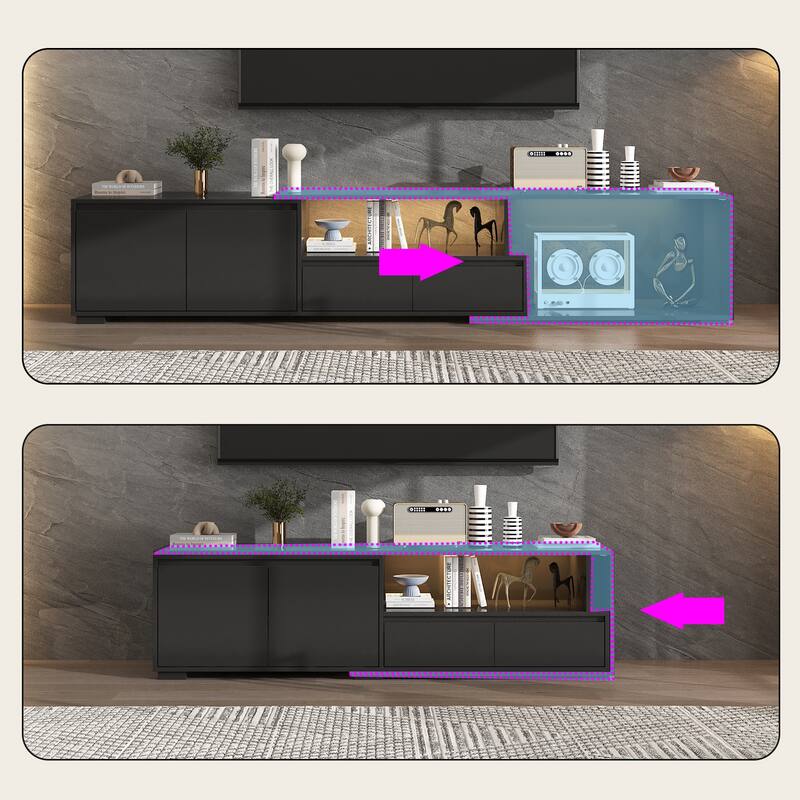 Modern Black TV Stand with LED Lighting and Expandable Open Area: Stylish, Customizable & Ultra - Practical