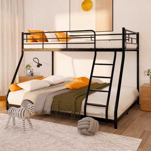 slide 2 of 16, Metal Twin over Full Bunk Bed with Diamond-Shaped Rungs, Full-Length Guardrails Black