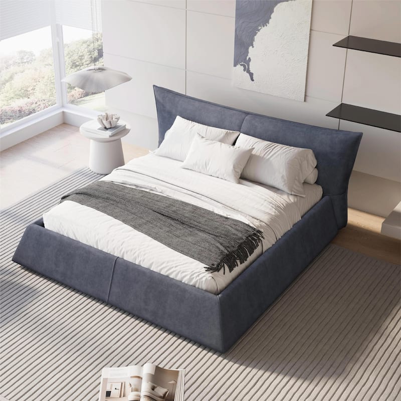 King Size Upholstered Platform Bed with Unique Shaped Velvet Headboard
