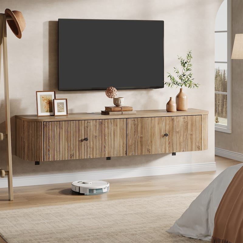 Floating TV Stand, Wall Mounted TV Console with Drawers, Floating Media Console Entertainment Center for Living Room, Bedroom - LightBrown